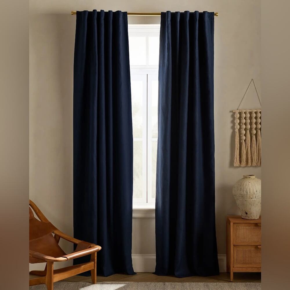 Quince European Linen Room Darkening Curtain Panel‎ Navy Blue Size 96”x120”